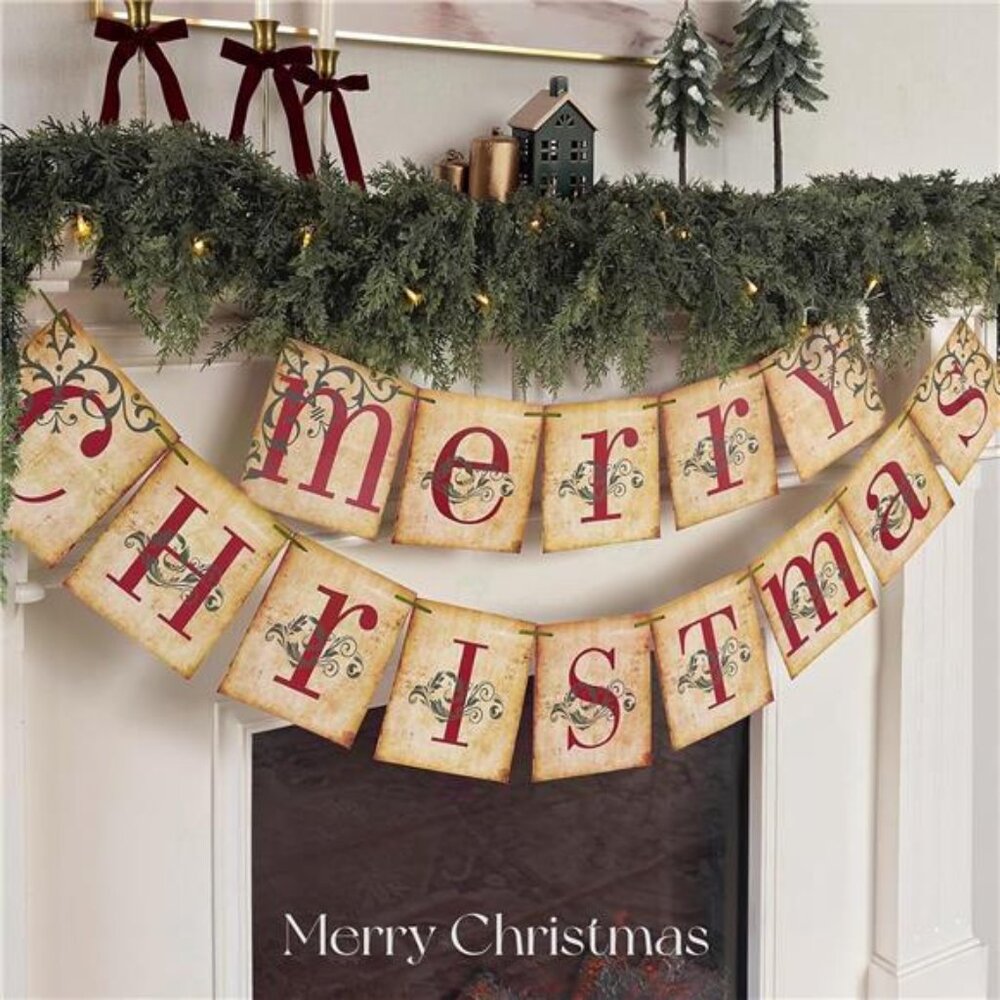 Christmas Banner Vintage Merry Christmas Holiday Decor Indoor Home Office Mantle